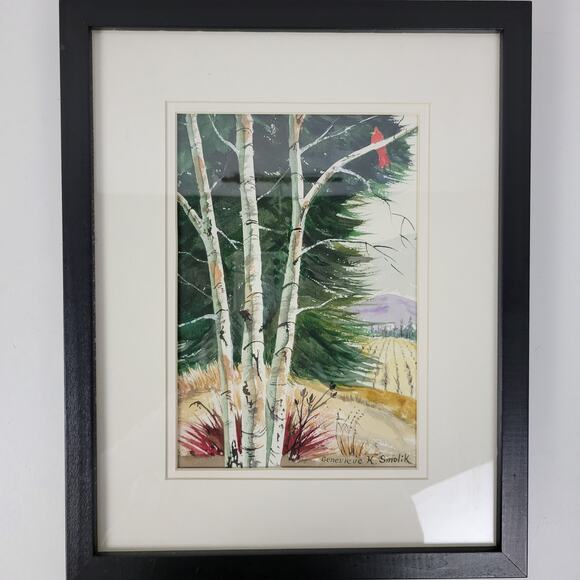 Genevieve K. Smolik Painting #941 Birches Cardinal Signed Hanging Framed Artwork - Picture 11 of 14